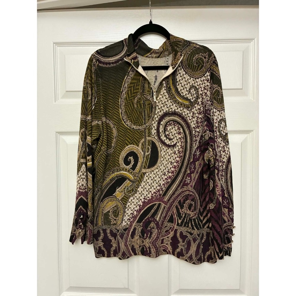 Chico's‎ Womens 3 Large Brown Purple Paisley Print 1/4 Zip Stretch Knit Top